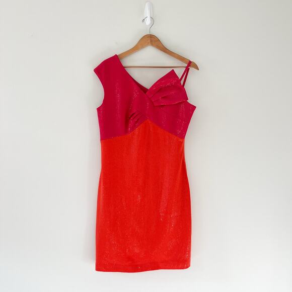 St. John Santana Knit Sequin Shimmer Orange and Pink Bow Cocktail Mini Dress - Picture 1 of 11